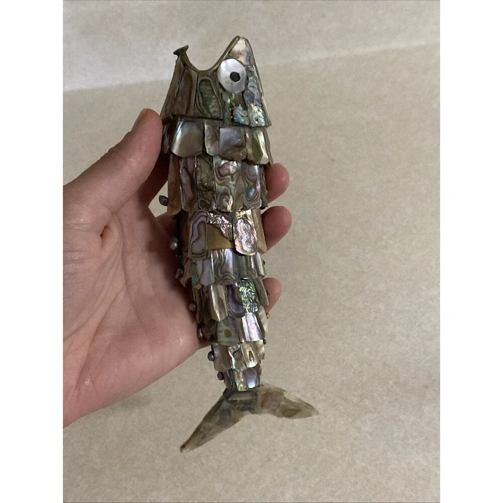 VINTAGE ARTICULATED FISH BOTTLE OPENER MOTHER OF PEARL ABALONE SHELL MEXICO